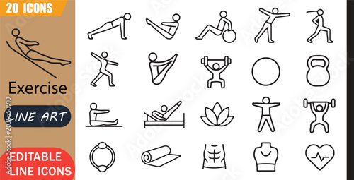 Tableau sur toile Isolated pilates core icons set, 20 editable line art icons set, exercise pilate