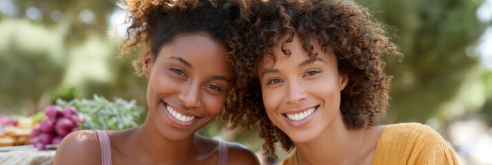 Smiling diverse friends celebrating juneteenth in an outdoor park portrait for juneteenth banner and community event background with picnic and warm summer atmosphere