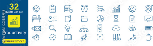 Set of 32 Productivity icons Each icon will be different, create a vector outline icons using white background and black color