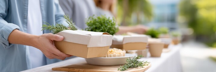 Community volunteer juneteenth food distribution banner with boxed meals and outdoor serving table for event background and charity outreach design