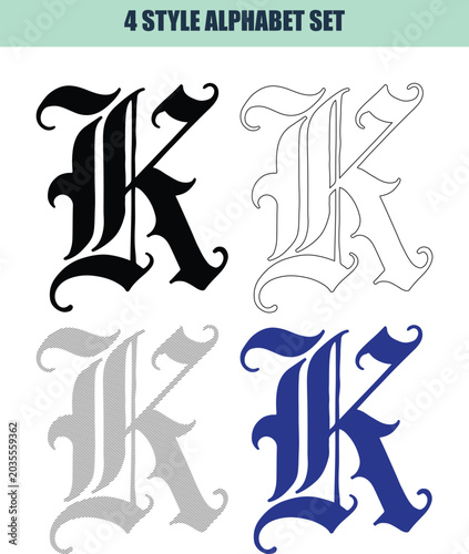 Ornate Gothic Letter K in Four Distinct Styles on White Background