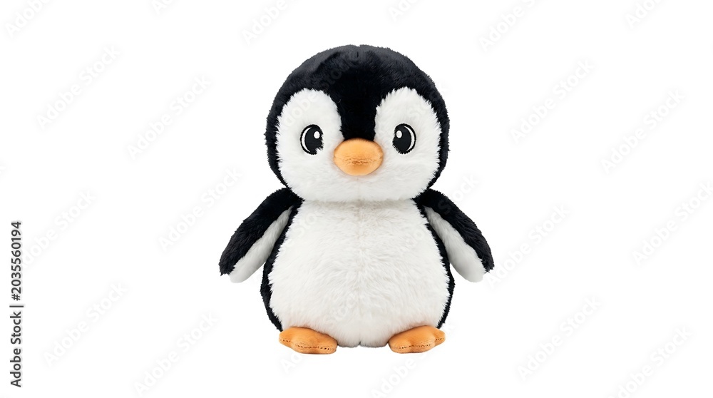 Fototapeta premium Cute black and white plush penguin toy sitting on white background with cheerful expression