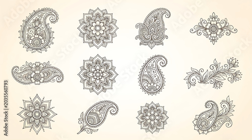 Traditional Mehndi Flower Pattern Outline Vector Set for Henna Drawing and Tattoo Design
