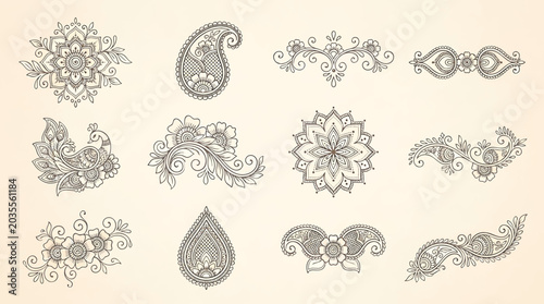 Traditional Mehndi Flower Pattern Outline Vector Set for Henna Drawing and Tattoo Design