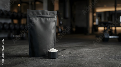 Black package of protein powder and scoop in gym setting.
