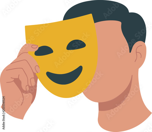 Photos Illustration of man removing yellow smiling mask to reveal blank facial expression for mental health concept
