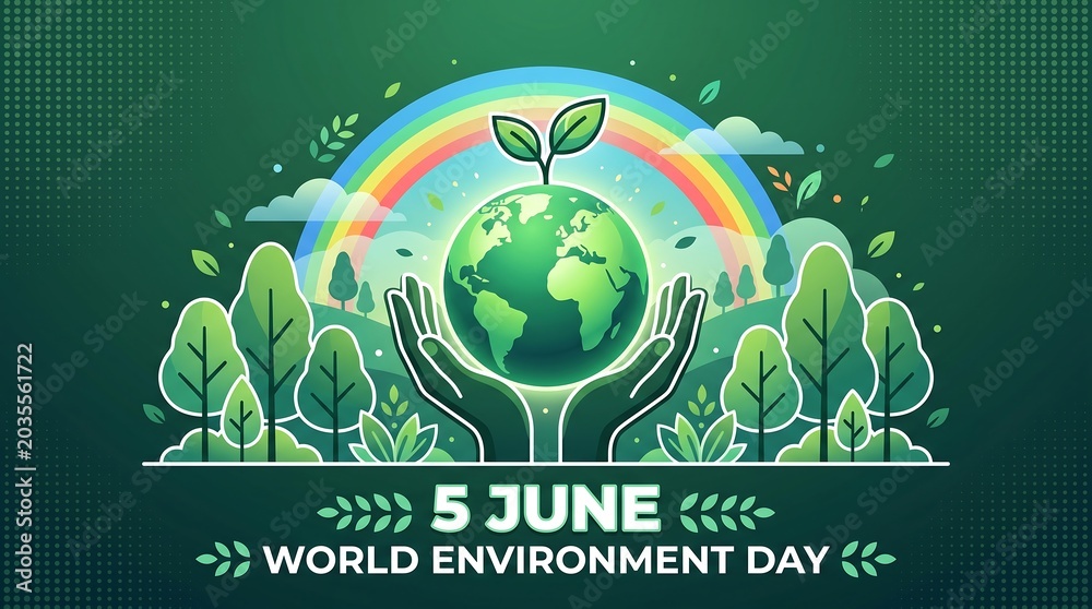 Fototapeta premium World Environment Day Celebration with Earth and Nature Elements in Vibrant Flat Vector Design.