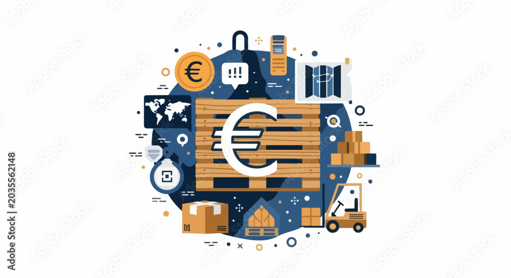 Fototapeta premium European Logistics and Global Trade Concept with Euro Symbol, Pallet, and Shipping Icons