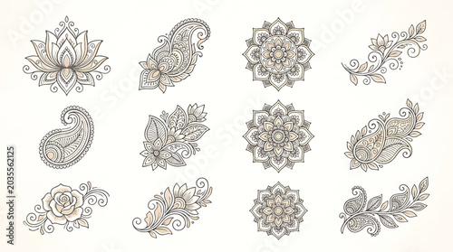 Traditional Mehndi Flower Pattern Outline Vector Set for Henna Drawing and Tattoo Design