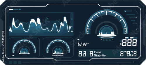 Foto Advanced holographic user interface displaying fusion output and core stability metrics in a futuristic setting