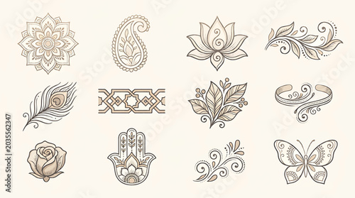 Traditional Mehndi Flower Pattern Outline Vector Set for Henna Drawing and Tattoo Design