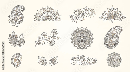 Traditional Mehndi Flower Pattern Outline Vector Set for Henna Drawing and Tattoo Design