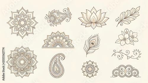Traditional Mehndi Flower Pattern Outline Vector Set for Henna Drawing and Tattoo Design