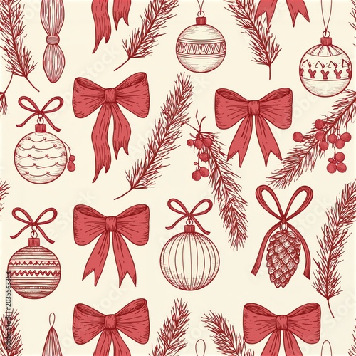 Festive Christmas Pattern with Red Bows and Ornaments on Cream Background