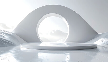 Futuristic minimalist stage with a circular archway and a reflective podium, set against a bright, ethereal landscape, clean design, product display, modern architecture