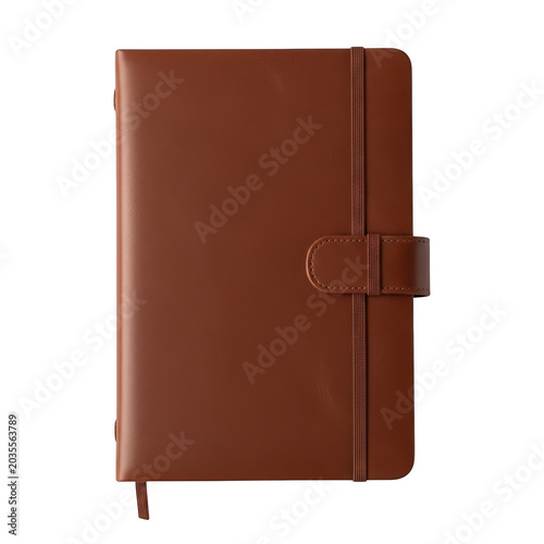 A brown leather journal with a strap closure