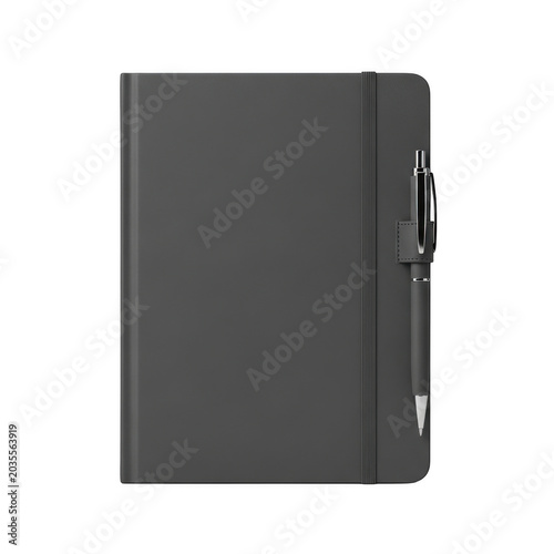 A black notebook with a pen tucked into the binding