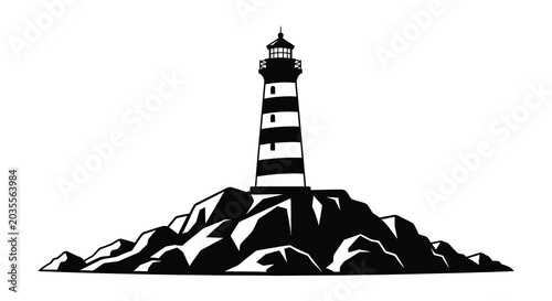 Foto Lighthouse on rocky island black and white silhouette
