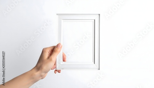 A hand holding a transparent acrylic photo frame mockup on a white background.