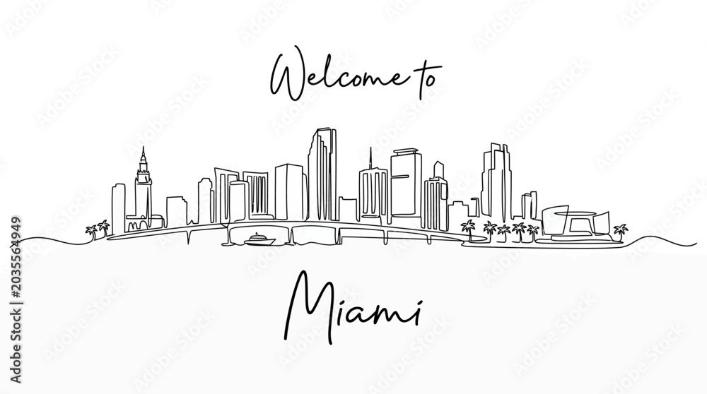 Fototapeta premium Miami Florida Skyline Minimalist Drawing, Welcome to City