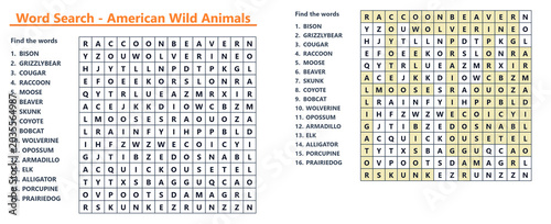 Tableau sur toile Word search puzzle featuring American Wild Animals for kids and adults