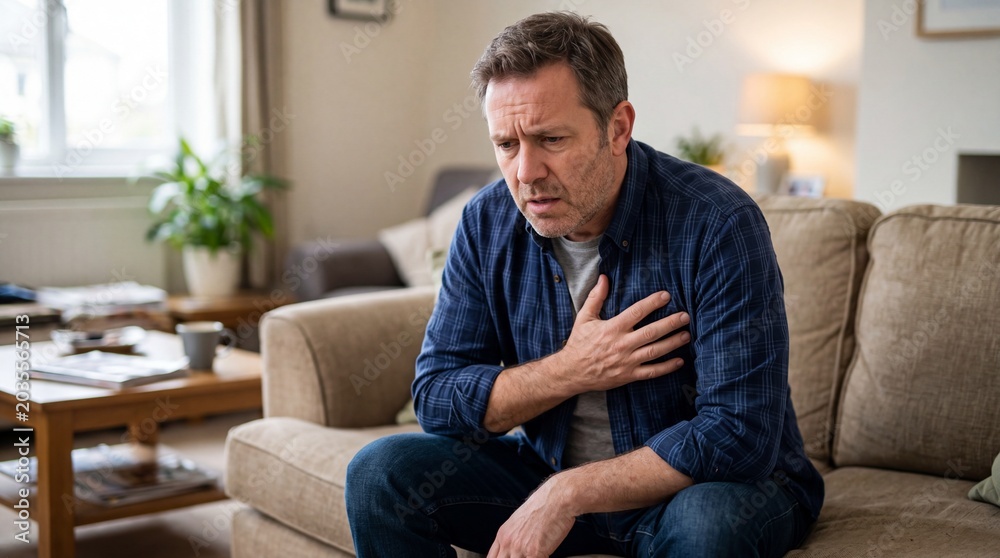 Fototapeta premium Middle-aged man clutching chest in discomfort while sitting on living room couch. Asthma attack symptom at home