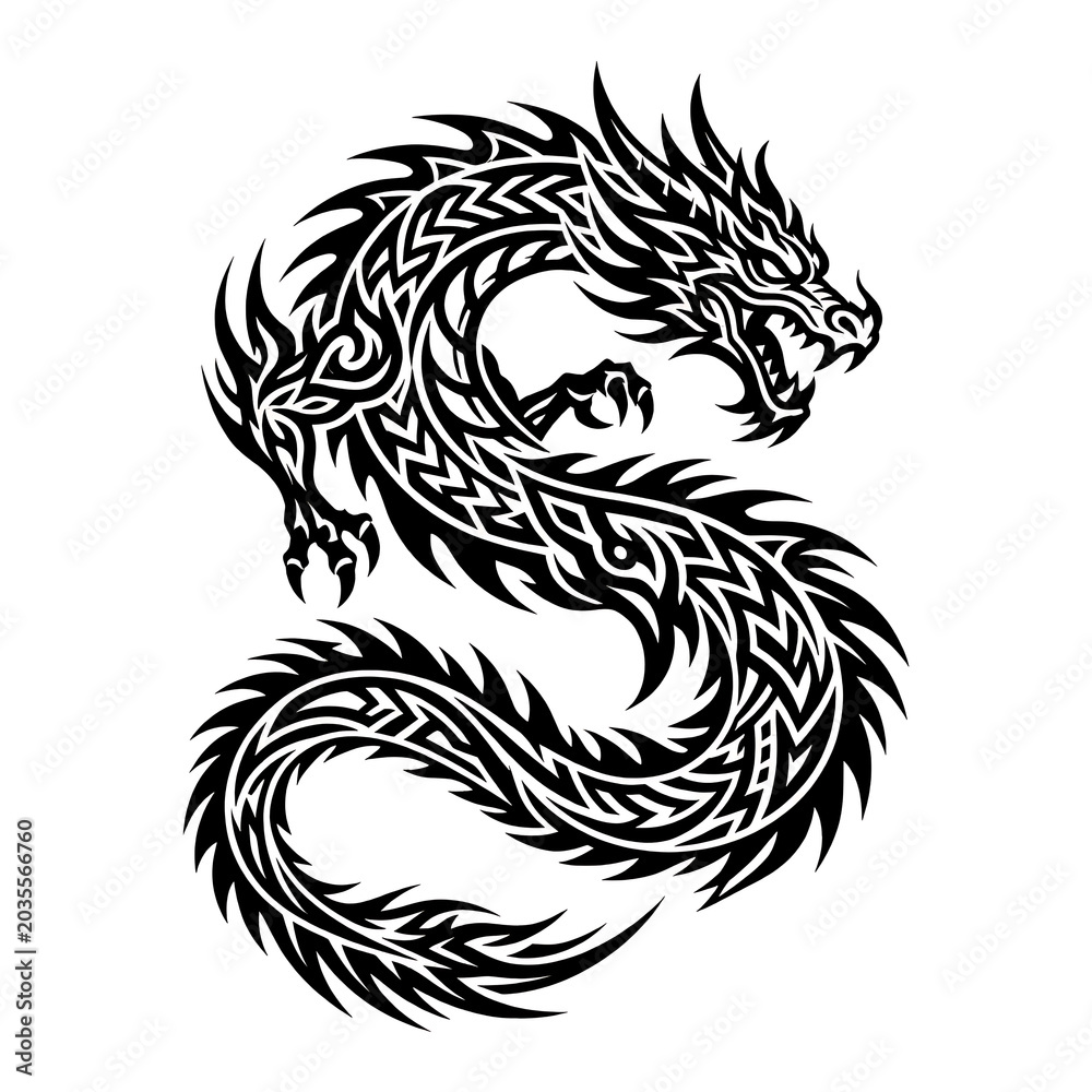 Obraz premium Black and White Tribal Dragon Symbol in Circular Line Art Illustration
