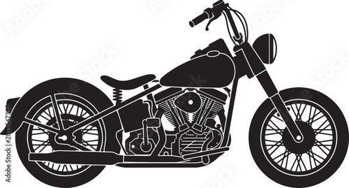 Slika na platnu Black and white silhouette of a classic chopper motorcycle with spoked wheels al