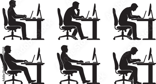 Foto Six silhouettes of people working on laptops at desks in various sitting positio