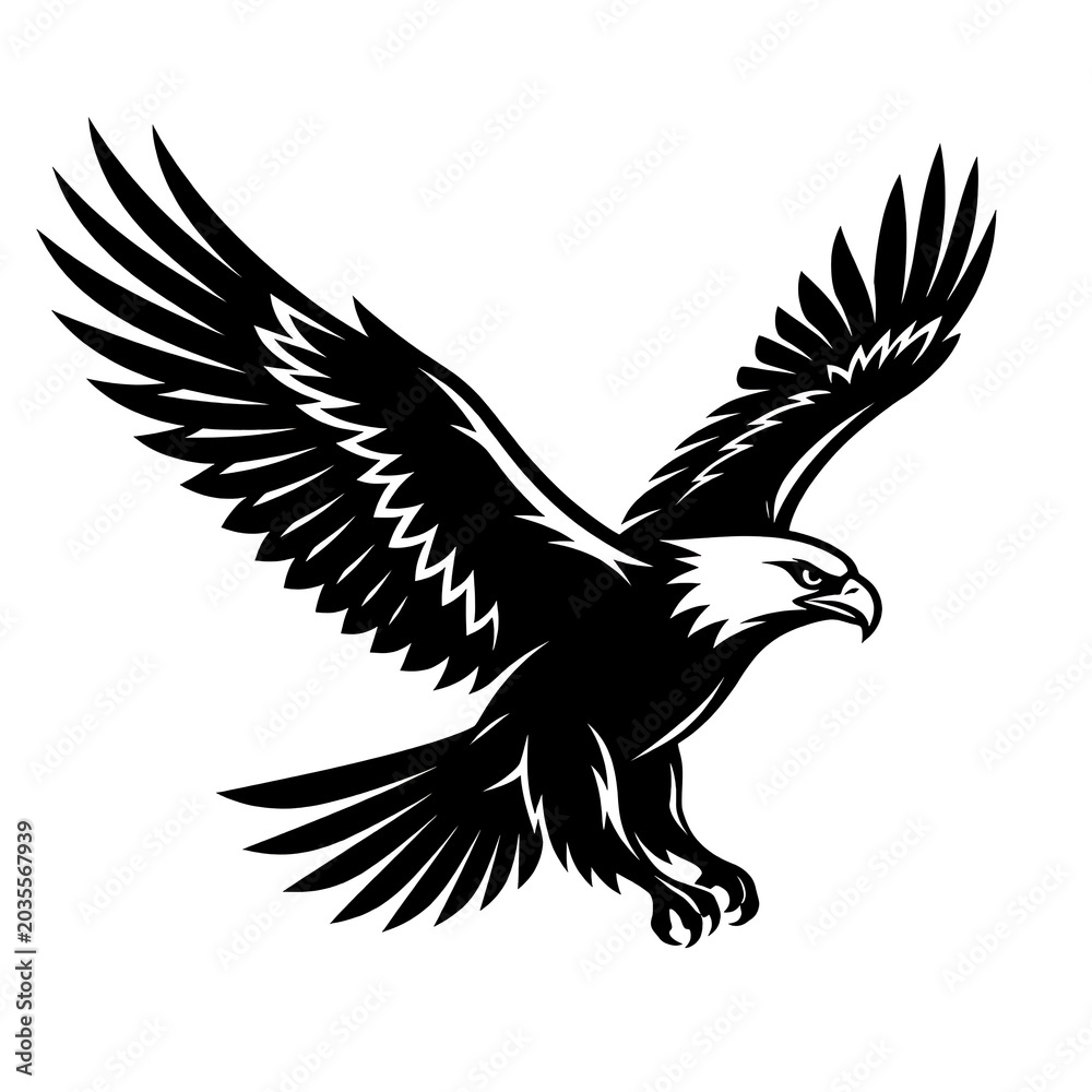 Fototapeta premium Bald Eagle Flying in Sharp Silhouette Against Clear Sky with Wings Spread Wide