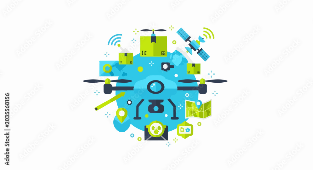 Fototapeta premium Modern Logistics Network and Autonomous Drone Delivery Concept Illustration with Global Shipping Icons