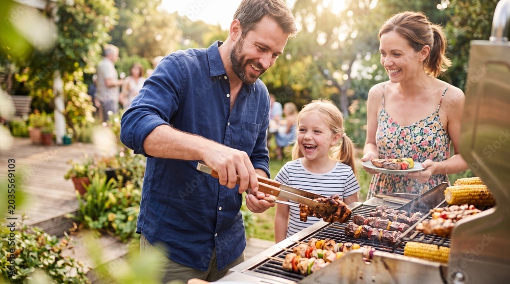 Obraz premium Man grilling meat skewers and corn on barbecue with smiling daughter and wife in sunny garden. Family outdoor cooking and bonding. Labor day holiday celebration with loved ones