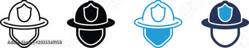 Photos Firefighter, helmet icons set, multiple style symbols including outline and filled versions for fire safety emergency protection and rescue service branding