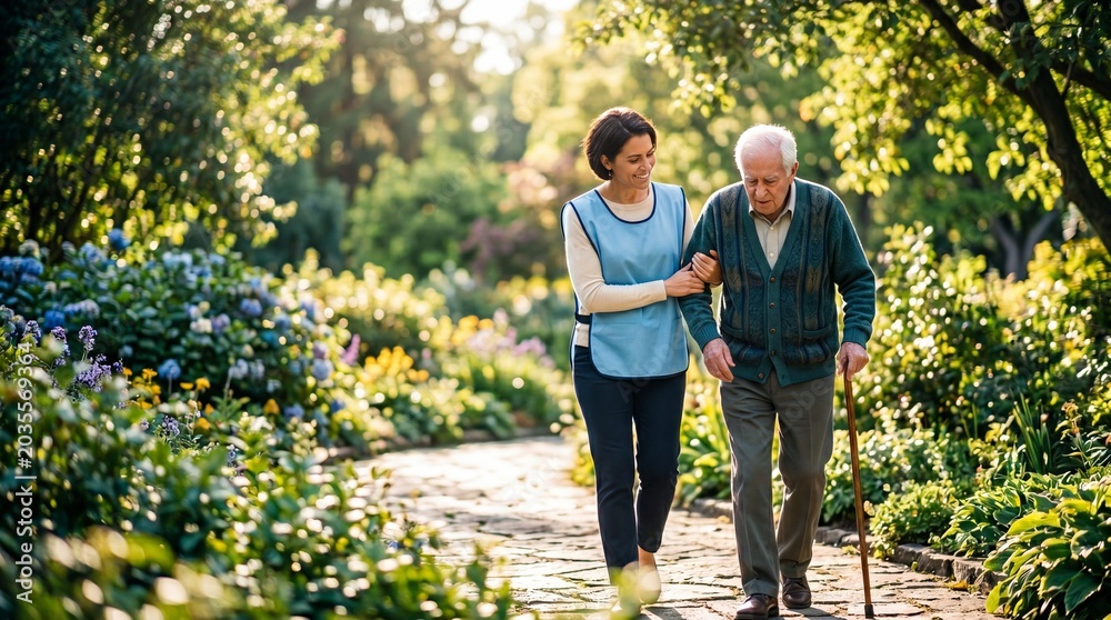 Fototapeta premium Woman volunteer in blue vest helping elderly man walk with cane on garden path. Community support and humanitarian aid concept for elderly welfare