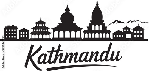 Cuadro en lienzo Kathmandu skyline silhouette with traditional buildings and mountains in the, ve