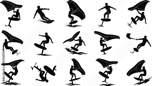 Surfer performing various wave riding poses on surfboard