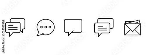 Minimalist Communication Icon Set - Speech Bubbles, Chat Balloons, and Email Envelope Symbols for Messaging Apps