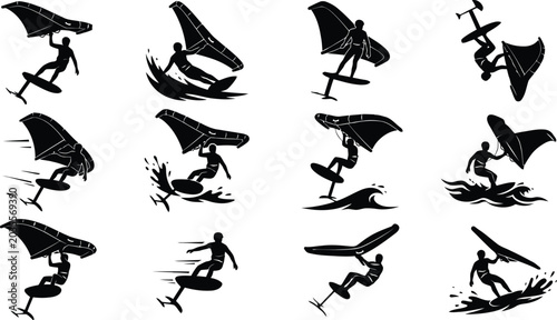 Foto Person kiteboarding and windsurfing action silhouettes