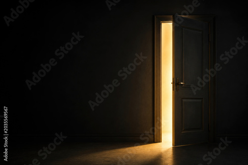 Open black door reveals warm light in dark room. Space for text.
