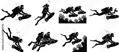Foto Scuba divers exploring underwater with equipment
