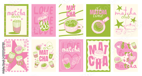 Bild auf Leinwand Cute matcha drinks poster design in hand drawn style