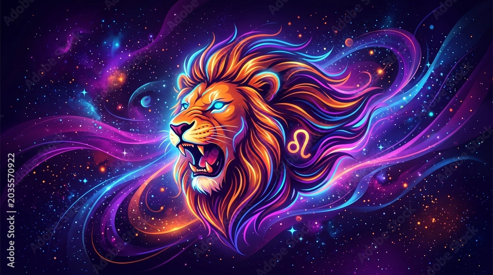 Obraz premium Neon lion head roaring with Leo zodiac symbol in mane. Cosmic galaxy background with colorful nebula swirls and stars. Digital art of Leo constellation sign