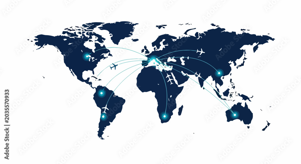 Naklejka premium Global Flight Routes and Network Connectivity World Map with Airplanes and Glowing Path Lines