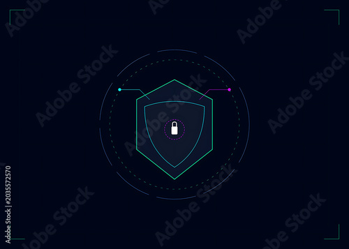 Cybersecurity shield icon on dark background, digital data protection interface, futuristic network security concept with padlock symbol