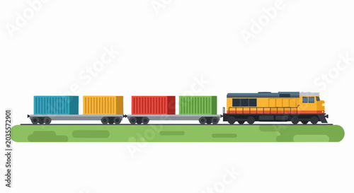 Freight Train with Colorful Shipping Containers Flat Vector Illustration for Logistics and Transport Concepts