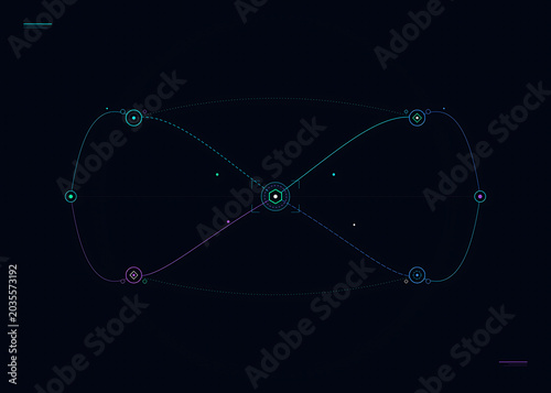 Futuristic HUD interface element, digital infinity loop symbol with glowing data points, high-tech sci-fi dashboard graphic for gaming and UI design