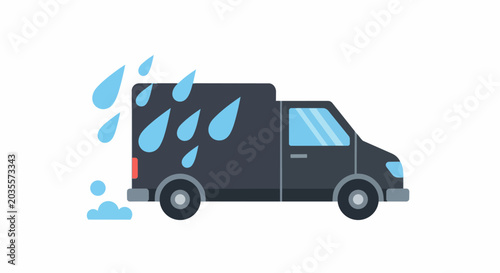 Fleet Maintenance and Professional Car Wash Icon: Delivery Van Being Cleaned with Water Splashes, Flat Vector Illustration on White Background