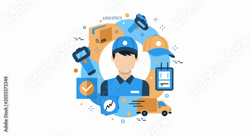 Logistics and Delivery Service Vector Illustration with Courier Avatar, Shipping Box, and Transportation Icons for Supply Chain Management