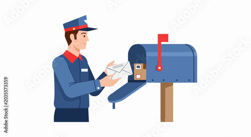 Friendly Mailman Putting an Envelope into a Blue Residential Mailbox, Postal Delivery Service Vector Illustration Isolated on White Background