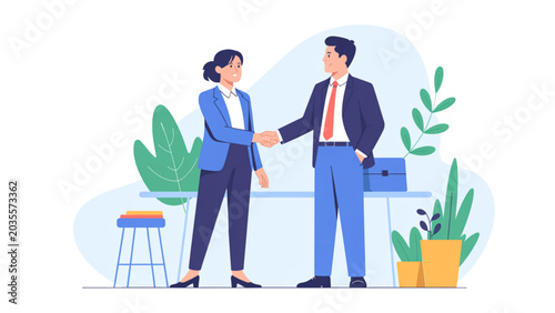 Professional man and woman having a business handshake meeting in modern office Vector